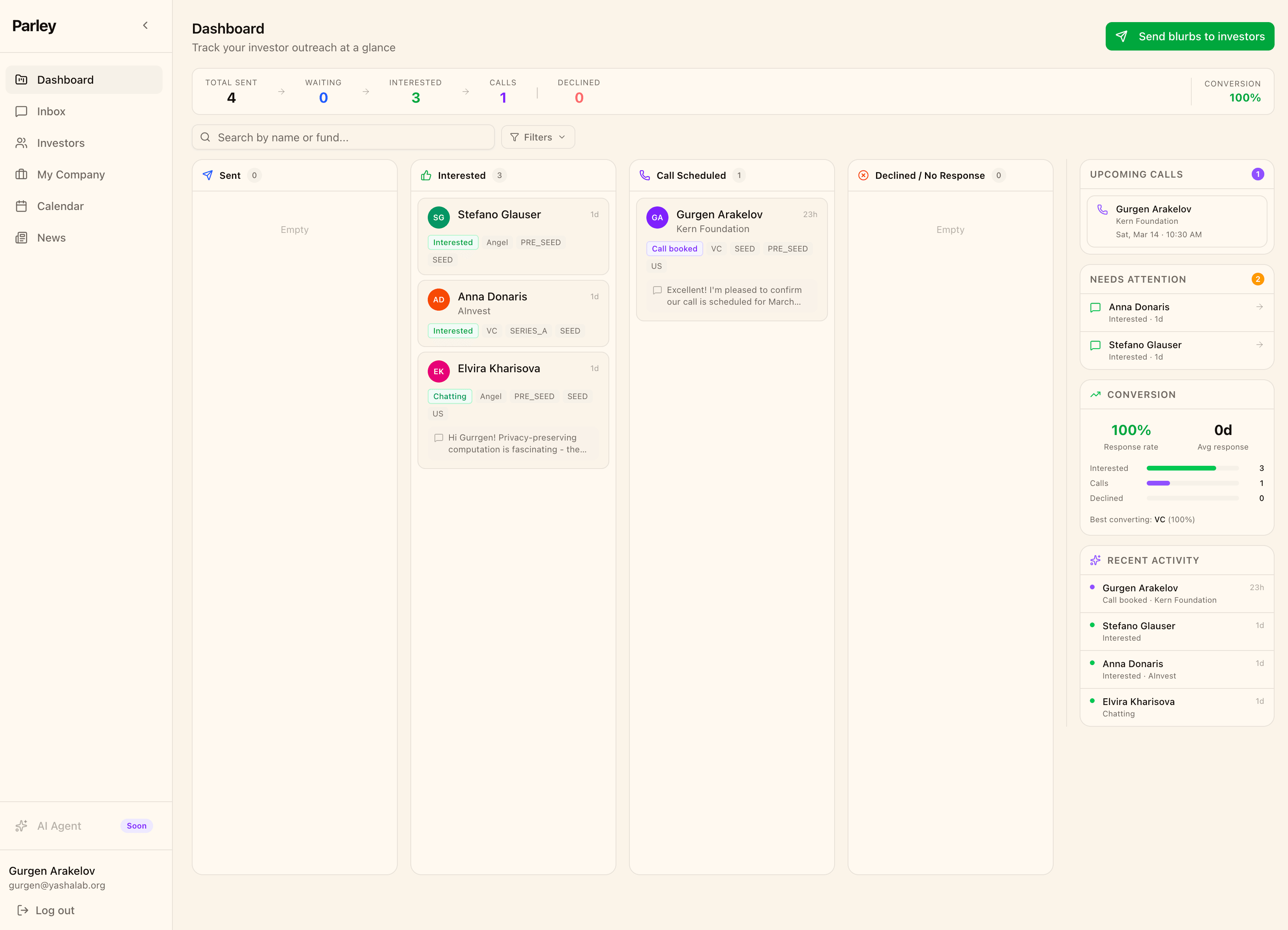 Founder dashboard — track outreach status, interested investors, scheduled calls and conversion rate