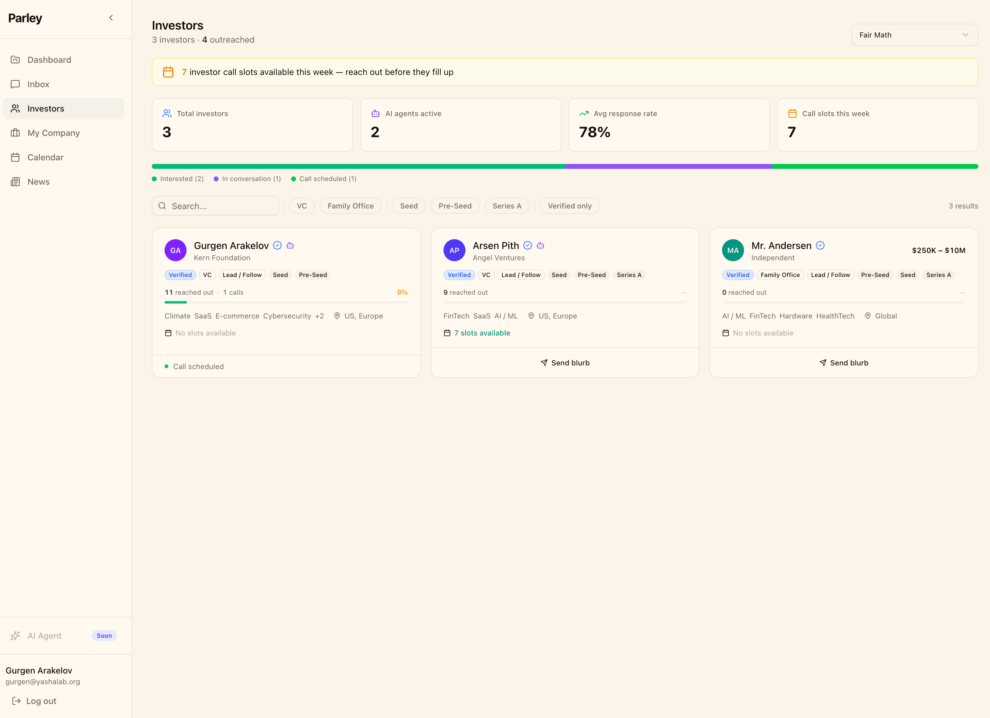 Investor directory — browse investors by stage, type, and available call slots