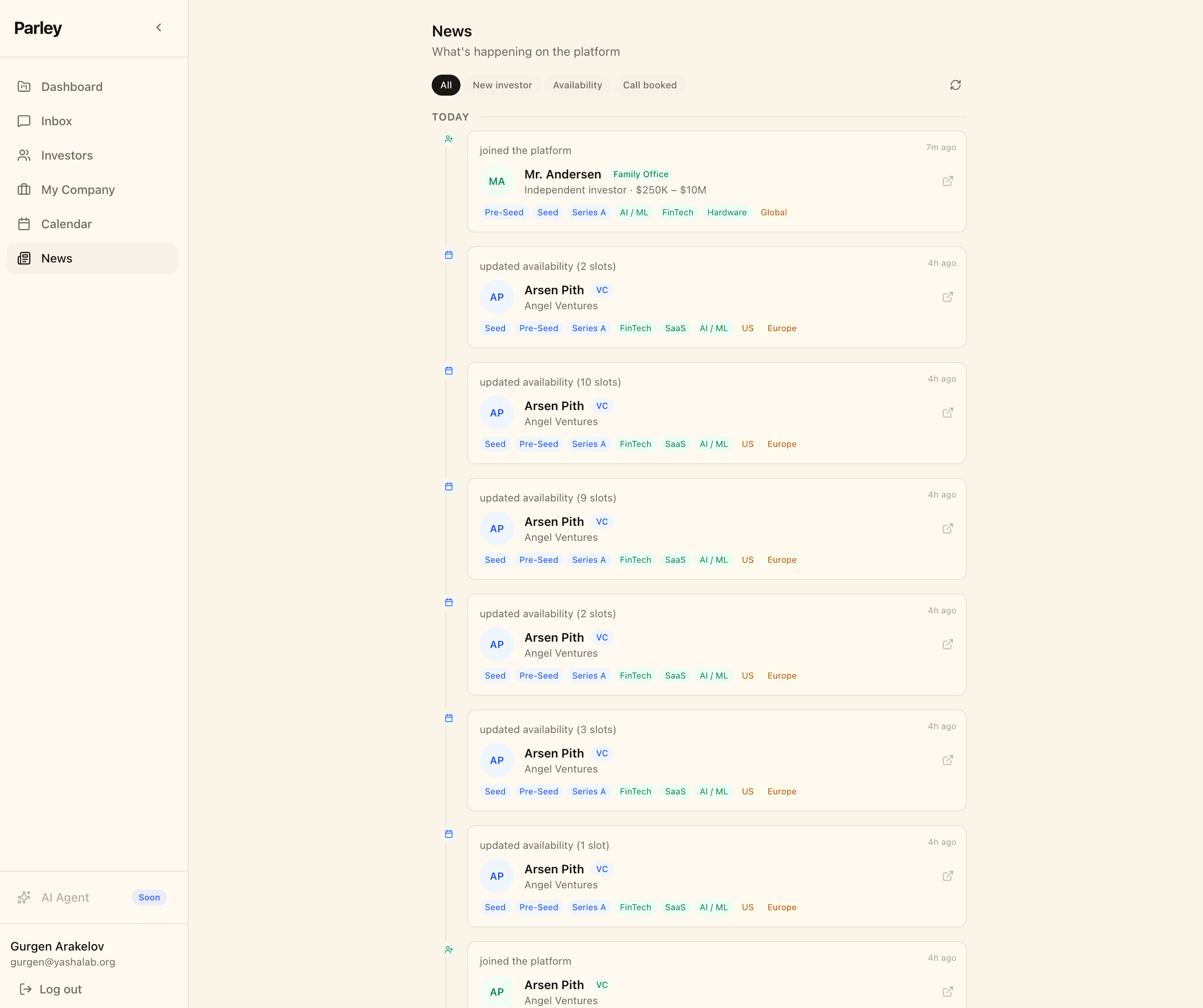 Platform news feed — see new investors joining, availability updates, and booked calls
