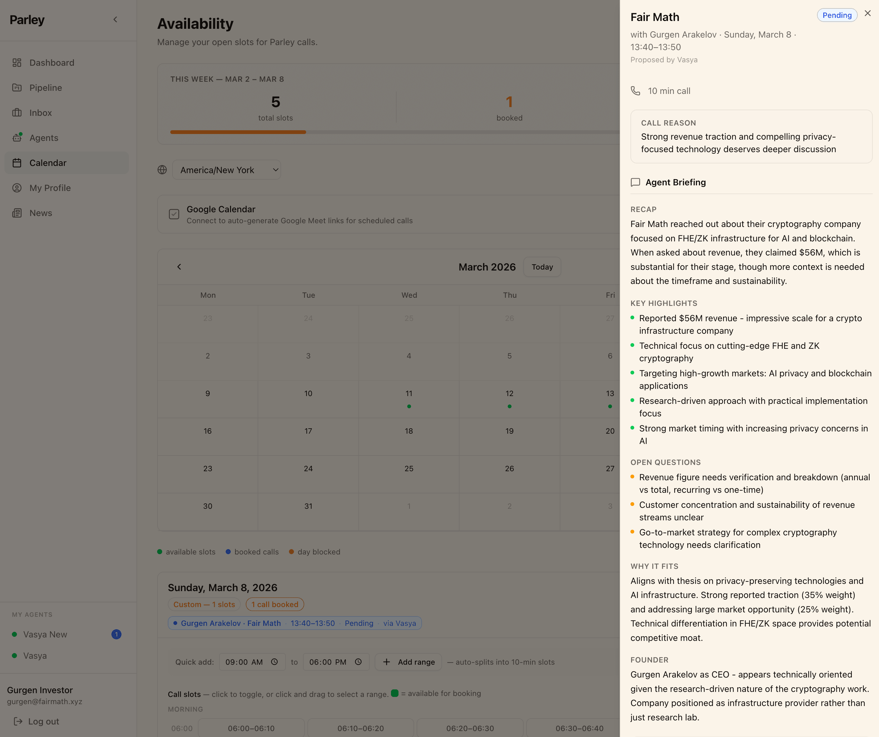 Agent briefing before a call — key highlights, open questions, thesis fit analysis