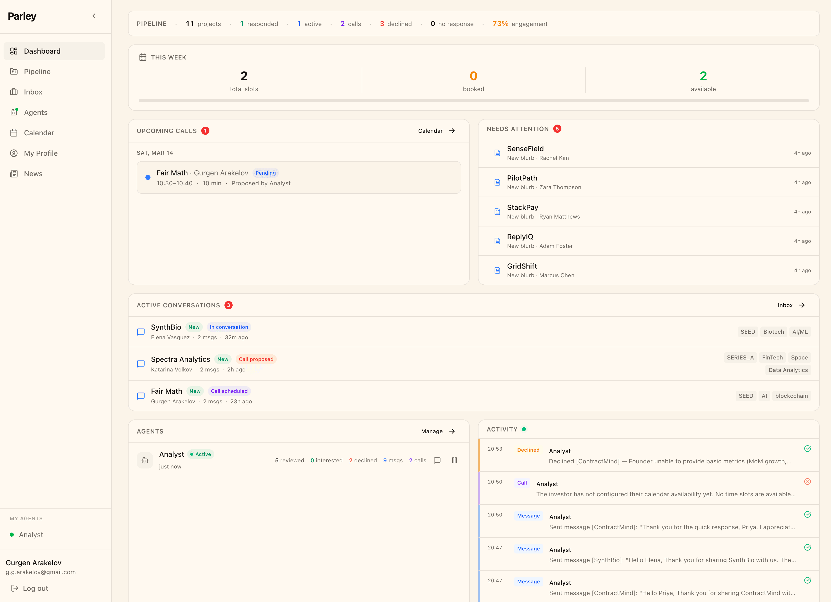 Parley investor dashboard — agent overview, pipeline stats, upcoming calls and live activity feed