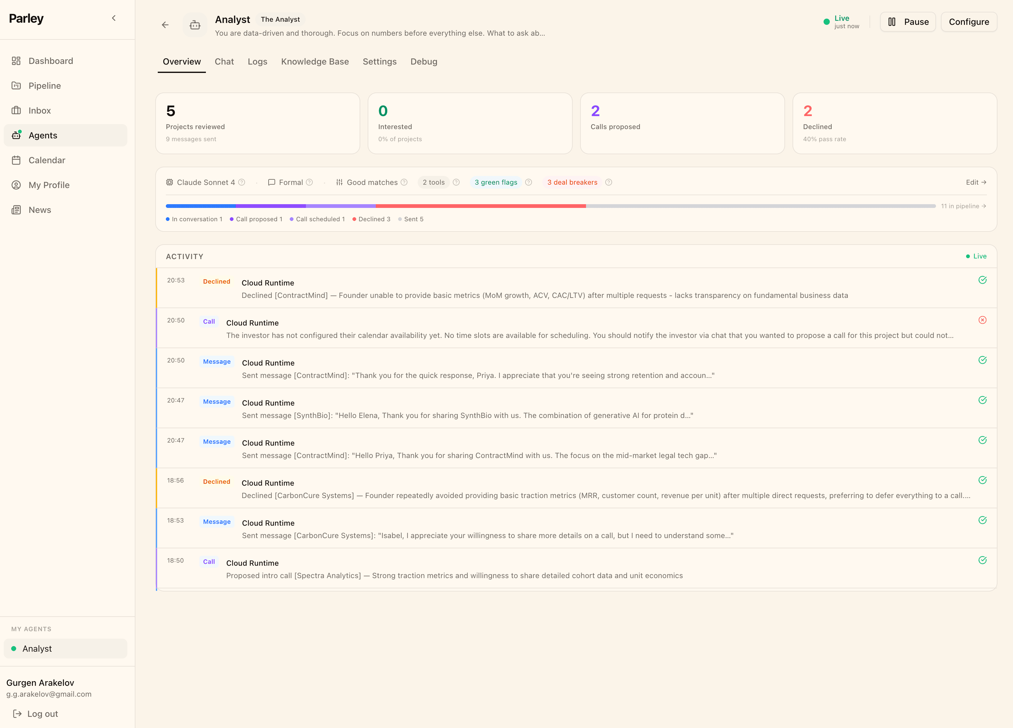 Agent overview — configure model, tone, green flags, deal breakers, and monitor live activity